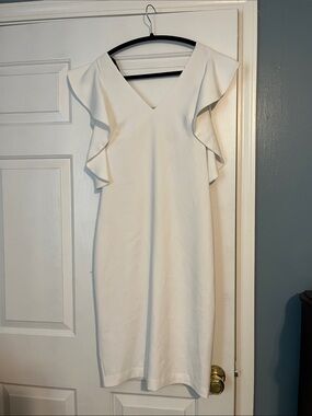 Laundry By Shelli Segal Ivory V-Neck Ruffle Sleeve Midi Dress